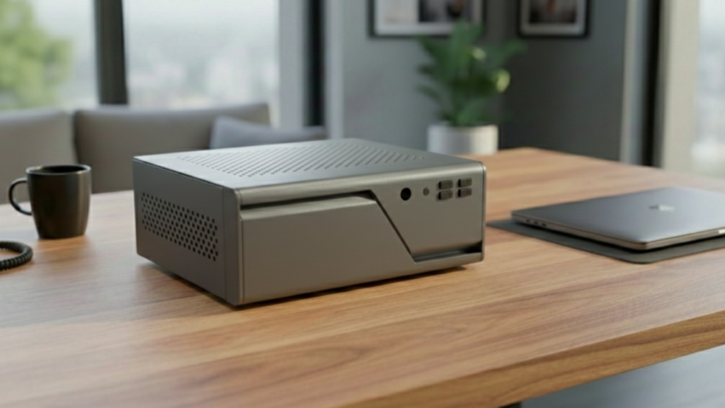 "Close-up of the Firegate Pro security appliance on a professional desk, showcasing its compact industrial design for home offices."