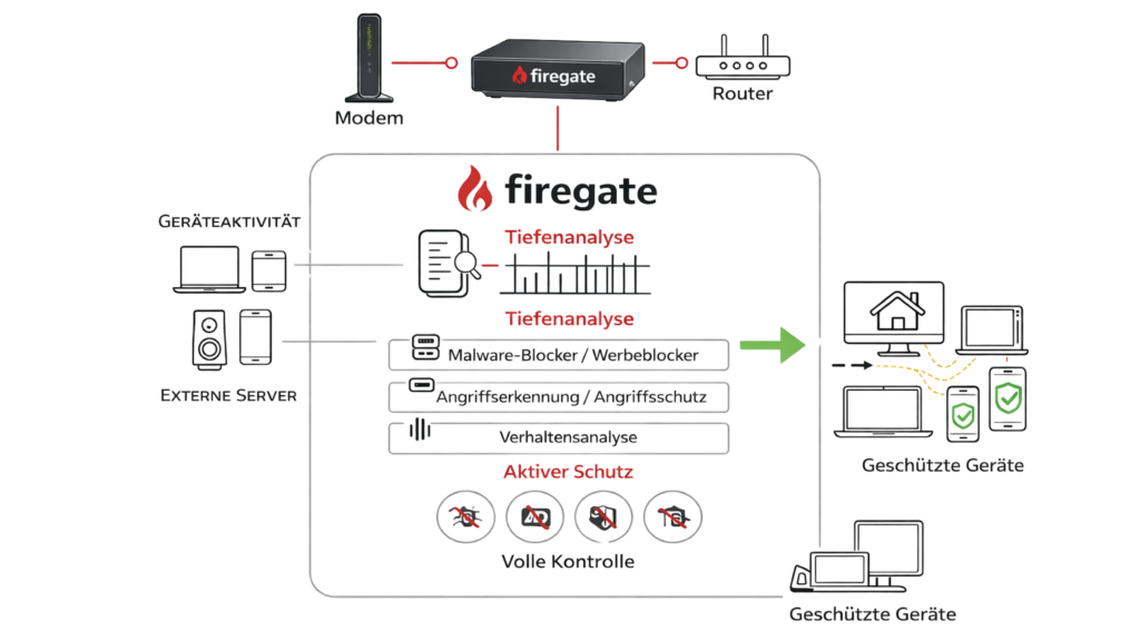 Technische Übersicht der Firegate Architektur: Von der Tiefenanalyse und Malware-Blockierung bis hin zur Verhaltensanalyse und dem Schutz aller Endgeräte im Netzwerk.